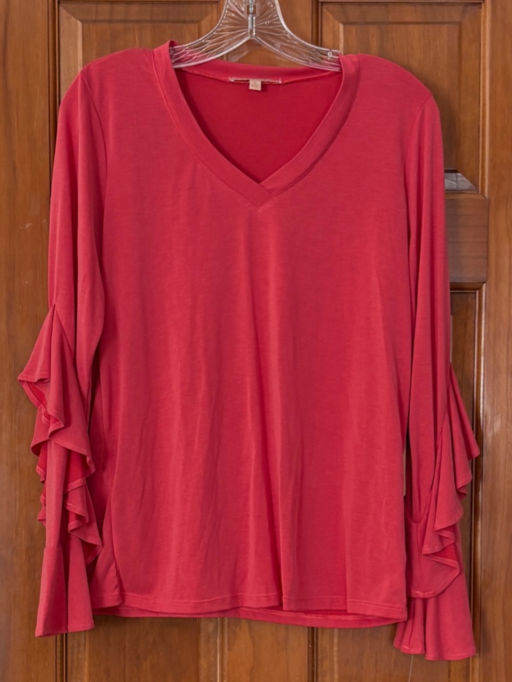 Gibson Red Pink V-Neck Long Sleeve Top with Ruffle Sleeves